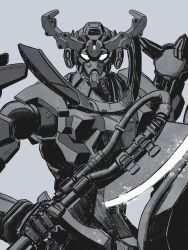 absurdres axe commentary english_commentary gquuuuuux greyscale gundam gundam_gquuuuuux heat_hawk highres holding holding_axe holding_weapon looking_at_viewer mecha mecha_focus mobile_suit monochrome no_humans nsclark98 robot science_fiction shield simple_background solo upper_body v-fin weapon