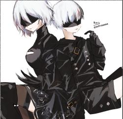 Rule 34 | 1boy, 1girl, black dress, black gloves, black jacket, black shorts, black thighhighs, blindfold, boots, breasts, brown thighhighs, cleavage, cleavage cutout, closed mouth, clothing cutout, dress, facing viewer, gloves, hand up, jacket, juliet sleeves, long sleeves, medium breasts, nier:automata, nier (series), puffy sleeves, short hair, short shorts, shorts, signature, smile, sofra, thigh boots, thighhighs, twitter username, white background, white hair, 2b (nier:automata), 9s (nier:automata)