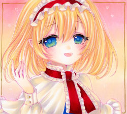 Rule 34 | 1girl, alice margatroid, blonde hair, blouse, blue dress, blue eyes, blush, breasts, buttons, capelet, commentary request, dress, eyes visible through hair, framed image, frills, gradient background, hair between eyes, hairband, hand up, heart, highres, long sleeves, looking to the side, marker (medium), medium breasts, multicolored background, necktie, open mouth, pink background, puffy long sleeves, puffy sleeves, red hairband, red necktie, shirt, short hair, smile, solo, touhou, traditional media, upper body, white capelet, white shirt, yellow background, yuuki hana (jtnp5334)