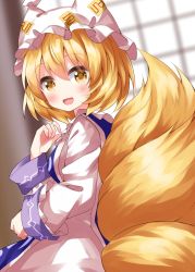 Rule 34 | 1girl, :d, animal hat, blonde hair, blush, dress, fox tail, hair between eyes, hat, highres, long sleeves, looking at viewer, mob cap, multiple tails, one-hour drawing challenge, open mouth, ruu (tksymkw), short hair, smile, solo, tabard, tail, touhou, white dress, white hat, wide sleeves, yakumo ran, yellow eyes