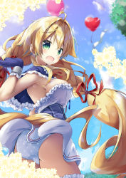 Rule 34 | 1girl, :d, armpits, ass, azur lane, bad id, bad pixiv id, balloon, blonde hair, blue gloves, blue panties, breasts, clothes lift, cross, cross earrings, earrings, flower, gloves, green eyes, heart balloon, highres, jewelry, large breasts, le temeraire (azur lane), long hair, looking at viewer, mitsuhamochi, open mouth, panties, polka dot, polka dot panties, sideboob, skirt, skirt lift, smile, solo, underwear, very long hair