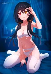 Rule 34 | 1girl, absurdres, adjusting hair, black hair, bra, clock eyes, date a live, garter belt, garter straps, heterochromia, highres, jpeg artifacts, lace, lace-trimmed bra, lace-trimmed panties, lace trim, lingerie, looking at viewer, megami magazine, non-web source, official art, on bed, open mouth, panties, red eyes, roman numeral, sitting, solo, symbol-shaped pupils, thighhighs, tokisaki kurumi, twintails, underwear, wariza, white bra, white thighhighs, yellow eyes