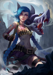 Rule 34 | 1girl, arcane: league of legends, asymmetrical bangs, bare shoulders, blue hair, braid, breasts, brown gloves, bullet, commentary request, explosive, fingerless gloves, gloves, grenade, gun, highres, holding, jewelry, jinx (league of legends), league of legends, long hair, looking at viewer, navel, outdoors, over shoulder, pink eyes, pink shorts, qi fen tang, rocket launcher, ruins, shorts, smile, solo, tattoo, thighhighs, twin braids, very long hair, weapon, weapon over shoulder