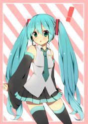 Rule 34 | 1girl, aqua hair, bad id, bad pixiv id, detached sleeves, green eyes, harusawa, hatsune miku, headset, highres, long hair, necktie, open mouth, skirt, solo, striped, striped background, thighhighs, twintails, very long hair, vocaloid