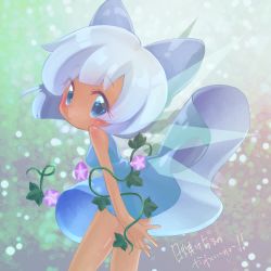 Rule 34 | 1girl, bad id, bad pixiv id, blue dress, blue eyes, blue hair, blush, cirno, dress, flower, hair ribbon, hidden star in four seasons, ice, ice wings, leaf, looking at viewer, miyamura, plant, ribbon, short hair, sleeveless, solo, tan, tanned cirno, text focus, touhou, upskirt, vines, wings