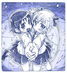 Rule 34 | 2girls, :d, blue theme, blush, dress shirt, foreshortening, from side, hair ribbon, holding hands, interlocked fingers, kill me baby, leg up, loafers, long hair, long sleeves, looking at viewer, monochrome, multiple girls, necktie, open mouth, oribe yasuna, outline, outstretched arms, pleated skirt, ribbon, sakino shingetsu, school uniform, shirt, shoes, short hair, skirt, smile, socks, sonya (kill me baby), spread arms, sweatdrop, tareme, traditional media, tsurime, twintails