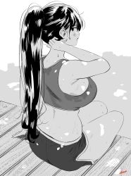 Rule 34 | 1girl, armpits, blush, dolphin shorts, from behind, greyscale, hand up, highres, long hair, looking at viewer, looking back, monochrome, nape, original, parted lips, ponytail, ryusei hashida, shorts, sideways glance, signature, sitting, solo, sports bra, very long hair