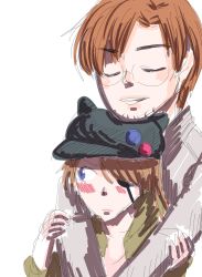 Rule 34 | 1boy, 1girl, age difference, aida kensuke, animal hat, blue eyes, blush, brown hair, cat hat, closed eyes, couple, embarrassed, evangelion: 3.0+1.0 thrice upon a time, eyepatch, frown, glasses, grin, hat, highres, hug, hug from behind, jacket, long hair, neon genesis evangelion, open clothes, open jacket, rebuild of evangelion, smile, souryuu asuka langley
