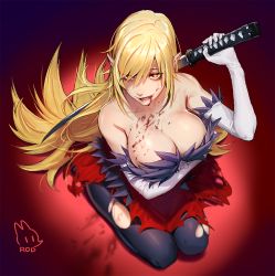 Rule 34 | 10s, 1girl, bad id, bad twitter id, bare shoulders, black pantyhose, blonde hair, blood, breast hold, breasts, cleavage, dress, elbow gloves, fang, from above, gloves, katana, kiss-shot acerola-orion heart-under-blade, kizumonogatari, large breasts, lipstick, long hair, looking at viewer, looking up, makeup, monogatari (series), orange eyes, oshino shinobu, over shoulder, pantyhose, pointy ears, rod (rod4817), seiza, sitting, smile, solo, swept bangs, sword, torn clothes, torn pantyhose, very long hair, weapon, weapon over shoulder, white gloves