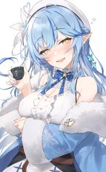 Rule 34 | 1girl, ahoge, bare shoulders, belt, blouse, blue bow, blue bowtie, blue coat, blue hair, blue nails, blush, bow, bowtie, breasts, brown belt, cleavage, cleavage cutout, clothing cutout, coat, commentary request, corset, cup, elf, fur-trimmed coat, fur trim, hat, hayashi kewi, heart, heart ahoge, highres, holding, holding cup, hololive, large breasts, long hair, multicolored hair, nail polish, open mouth, pointy ears, shirt, simple background, sleeveless, sleeveless shirt, smile, solo, streaked hair, virtual youtuber, white background, white hat, white shirt, yellow eyes, yukihana lamy