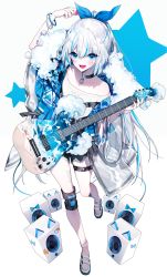 Rule 34 | 1girl, absurdres, arm up, bare shoulders, blue hair, blush, bracelet, breasts, choker, collarbone, commentary, commission, electric guitar, english commentary, from above, full body, fur trim, furisode, guitar, hair between eyes, hair ornament, hair ribbon, hand up, highres, holding, holding instrument, holding plectrum, instrument, jacket, japanese clothes, jewelry, kimono, knee guards, leg up, long hair, looking at viewer, muaooooo, multicolored hair, necklace, off-shoulder shirt, off shoulder, open mouth, original, plectrum, ponytail, ribbon, shell, shell necklace, shirt, small breasts, smile, solo, speaker, standing, star (symbol), streaked hair, thigh strap, very long hair, white background, white hair, wide sleeves