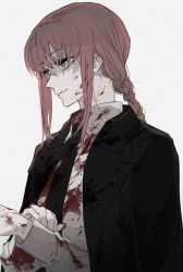 Rule 34 | 1girl, black jacket, black necktie, blood, blood on clothes, blood on face, blood on hands, blood splatter, breasts, brown eyes, business suit, chainsaw man, ebanoniwa, formal, highres, jacket, jacket on shoulders, light smile, long sleeves, looking to the side, makima (chainsaw man), medium breasts, medium hair, necktie, red hair, ringed eyes, shirt, short hair, simple background, small breasts, smirk, solo, suit, upper body, white background, white shirt