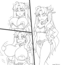 Rule 34 | 1girl, abridged-satoko, alternate breast size, areola slip, blush, breast expansion, breasts, bursting breasts, censored, censored nipples, cleavage, convenient censoring, earrings, fate/grand order, fate (series), highres, huge breasts, ishtar (fate), jewelry, medium breasts, monochrome, motion lines, navel, one eye closed, open mouth, smile, solo, standing, unaligned breasts, wink