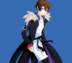 Rule 34 | 1boy, aoi toori, artist request, blue background, brown eyes, brown hair, earrings, grin, jewelry, kyoukaisenjou no horizon, male focus, simple background, smile, solo
