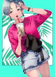 Rule 34 | 1girl, :o, absurdres, aqua background, bad id, bad pixiv id, bag, belt, black nails, bracelet, brown eyes, commentary, cup, denim, denim shorts, drinking straw, earrings, grey hair, half-closed eyes, hand in own hair, highres, holding, holding cup, jewelry, kate iwana, leaf, leaf background, lipstick, makeup, nail polish, open mouth, original, outline, red shirt, ring, shirt, short hair, short shorts, shorts, shoulder bag, solo, watch, white outline, wristwatch