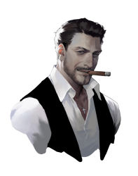 Rule 34 | 1boy, beard, black vest, brown hair, cigar, collared shirt, commentary, cropped shoulders, cross, cross necklace, dongho kang, facial hair, jewelry, looking at viewer, male focus, necklace, original, parted lips, shirt, short hair, simple background, smile, smoking, solo, very short hair, vest, white background, white shirt