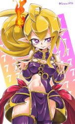 Rule 34 | 1girl, absurdres, ahoge, artist name, black dress, black gloves, black thighhighs, blonde hair, breasts, cleavage, dress, duel monster, eyes visible through hair, fire, gloves, green hair, hair between eyes, halterneck, highres, looking at viewer, medium breasts, midriff, multicolored hair, navel, orange background, outside border, parted bangs, pelvic curtain, pink background, pointy ears, purple eyes, purple thighhighs, sevens road witch, side ponytail, thighhighs, thighs, tongue, tongue out, two-tone hair, yamakake (tororo1293), yellow background, yu-gi-oh!, yu-gi-oh! sevens