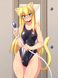 Rule 34 | 1girl, animal ears, bare shoulders, blonde hair, blush, cat ears, cat tail, competition swimsuit, groin, highres, long hair, looking at viewer, nokoppa, one-piece swimsuit, original, shower head, smile, solo, swimsuit, tail, wet, wide hips