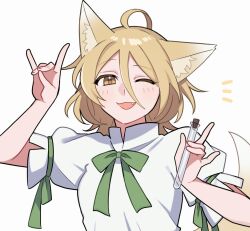 Rule 34 | 1girl, ;d, animal ear fluff, animal ears, blonde hair, commentary request, fang, fox ears, fox girl, fox shadow puppet, fox tail, green ribbon, hair between eyes, hand up, holding, holding test tube, kudamaki tsukasa, long hair, looking at viewer, one eye closed, open mouth, ribbon, sakic43899, shirt, short sleeves, smile, solo, tail, test tube, touhou, upper body, white shirt, yellow eyes