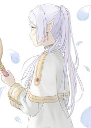 Rule 34 | 1girl, capelet, closed mouth, earrings, frieren, from side, green eyes, grey hair, highres, holding, holding staff, jewelry, long hair, long sleeves, pointy ears, profile, simple background, solo, sousou no frieren, staff, taruya, twintails, white background, white capelet