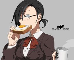 Rule 34 | 1girl, absurdres, artist name, black-framed eyewear, black hair, black hood, blazer, blue eyes, bread slice, breasts, brown jacket, character name, coffee cup, collared shirt, cup, disposable cup, dress shirt, eating, egg (food), food, fried egg, fried egg on toast, glasses, grey background, highres, holding, holding cup, iwado anna, jacket, kamezaemon, long sleeves, looking at viewer, medium breasts, multicolored eyes, neck ribbon, original, over-rim eyewear, red ribbon, ribbon, sanpaku, school uniform, semi-rimless eyewear, shirt, short hair, short ponytail, simple background, solo, steam, toast, upper body, white shirt, wing collar, yellow eyes