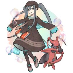 Rule 34 | 1girl, blue hair, blue wings, book, brown dress, brown footwear, brown hat, brown necktie, bubble, bug miku (project voltage), commentary, creatures (company), dress, eyeshadow, fake wings, full body, game freak, gen 4 pokemon, grey eyes, grey eyeshadow, hair between eyes, hat, hatsune miku, holding, holding book, kricketune, long hair, long sleeves, looking at viewer, makeup, misyu816, necktie, nintendo, open mouth, own hands together, pokemon, pokemon (creature), project voltage, shoes, solo, standing, symbol-only commentary, twintails, very long hair, vocaloid, wings