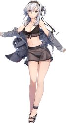 Rule 34 | 1girl, bare shoulders, bikini, black bikini, black headband, breasts, chou-10cm-hou-chan (suzutsuki&#039;s), cleavage, clothes writing, collarbone, full body, grey jacket, hachimaki, hair between eyes, hair flaps, headband, jacket, kantai collection, large breasts, long hair, looking at viewer, official art, one side up, outstretched arms, sandals, shizuma yoshinori, silver hair, smile, spread arms, suzutsuki (kancolle), swimsuit, transparent background