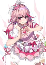 Rule 34 | 1girl, blush, bow, braid, crown hair ornament, cutoffs, dot nose, dress, eyelash ornament, face, facepaint, fingernails, flower, frilled skirt, frills, hair between eyes, hair bow, hair ornament, head, heart, heart-shaped pupils, high heels, highres, kirara akaru, layered dress, layered skirt, looking at viewer, low twintails, multicolored hair, nail polish, neck ribbon, nose, pink eyes, pink hair, pink nails, pink shirt, project luminasys, puffy short sleeves, puffy sleeves, purple eyes, ranf, ribbon, shirt, short sleeves, skirt, smile, socks, solo, standing, star (symbol), streaked hair, symbol-shaped pupils, twin braids, twintails, white skirt