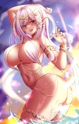 Rule 34 | 1girl, absurdres, arched back, armlet, ass, breasts, cleavage, covered erect nipples, dancer, earrings, elf, hair ornament, harem outfit, highres, jewelry, kuro (tbm9187), large breasts, navel, necklace, original, pink eyes, pointy ears, purple eyes, purple hair, revealing clothes, tan, thigh strap, thighlet, thighs