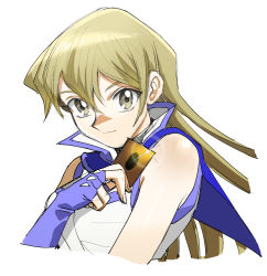 Rule 34 | 1girl, 203wolves, blonde hair, blue gloves, blue sailor collar, brown eyes, card, closed mouth, cropped torso, duel academy uniform (yu-gi-oh! gx), elbow gloves, fingerless gloves, floating hair, gloves, graphite (medium), hair between eyes, holding, holding card, jacket, long hair, looking at viewer, sailor collar, simple background, sketch, sleeveless, sleeveless jacket, smile, solo, sparkle, tenjouin asuka, traditional media, upper body, white background, white jacket, yu-gi-oh!, yu-gi-oh! gx