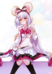 Rule 34 | 1girl, absurdres, animal, animal ears, black panties, black socks, blush, bow, breasts, brooch, clothes lift, clothes pull, commentary request, granblue fantasy, groin, hair between eyes, hair bow, hair ornament, hairclip, hand on another&#039;s head, heart, heart brooch, highres, jewelry, khibiki, kneehighs, knees together feet apart, lifted by self, long sleeves, medium breasts, mouse (animal), mouse ears, navel, nipples, nose blush, panties, panty pull, parted lips, pleated skirt, red bow, red eyes, shirt, shirt lift, short hair, side-tie panties, silver hair, skirt, skirt pull, socks, solo, striped, striped bow, underwear, untied panties, vikala (granblue fantasy), white shirt, white skirt