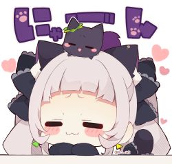 Rule 34 | 1girl, :3, animal, animal ear fluff, animal ears, animal on head, black bow, black cat, blunt bangs, blush stickers, bow, cat, cat ears, cat girl, cat tail, chibi, closed eyes, closed mouth, facing viewer, grey hair, hair bow, heart, hololive, long hair, long sleeves, murasaki shion, murasaki shion (gothic lolita), muuran, on head, simple background, sleeves past fingers, sleeves past wrists, solo, tail, tail raised, translation request, twintails, twitter username, virtual youtuber, white background
