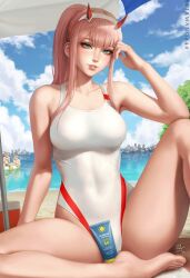 Rule 34 | 1girl, armpits, beach, breasts, darling in the franxx, feet, green eyes, highres, horns, long hair, lotion, medium breasts, one-piece swimsuit, outdoors, pink hair, ponytail, sciamano240, solo, spread legs, sunscreen, swimsuit, tagme, zero two (darling in the franxx)