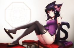 Rule 34 | 1girl, animal ears, bell, black hair, black thighhighs, blurry, breasts, cat ears, china dress, chinese clothes, cleavage, commission, dress, elbow gloves, facial mark, female focus, final fantasy, final fantasy xiv, flower, gloves, hair flower, hair ornament, highres, long hair, looking at viewer, miqo&#039;te, panties, purple eyes, shoe dangle, side-tie panties, side slit, simple background, solo, thighhighs, underwear, warrior of light (ff14), weyowang