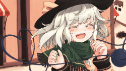 Rule 34 | 1girl, :d, ^ ^, black hat, blush, buttons, closed eyes, colorized, commentary, diamond button, dise (psychoro), eyeball, green nails, green scarf, hands up, happy, hat, hat ribbon, heart, heart of string, komeiji koishi, light green hair, long sleeves, medium hair, nail polish, open mouth, ribbon, scarf, sidelocks, smile, solo, sweater, third eye, touhou, upper body, wavy hair, yellow ribbon, yellow sweater, yunuki uta