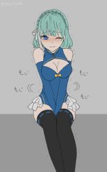 Rule 34 | 1girl, aqua hair, artist name, bare shoulders, between legs, black thighhighs, blue eyes, blue gloves, blue leotard, blush, braid, breasts, cleavage, cleavage cutout, closed mouth, clothing cutout, elbow gloves, embarrassed, female focus, french braid, gloves, grey background, grey hair, hair ribbon, hand between legs, have to pee, japanese text, legs together, leotard, looking down, medium breasts, motion lines, multicolored hair, nose blush, one eye closed, original, own hands together, ribbon, ribbon-trimmed legwear, ribbon trim, short hair, simple background, sitting, solo, streaked hair, thighhighs, tokumeiyade, translation request, trembling, twitter username, two-tone background, two-tone hair, v arms, white ribbon