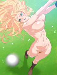 Rule 34 | 1girl, birdie wing: golf girls&#039; story, blonde hair, blue eyes, blush, bouncing breasts, breasts, completely nude, don (rg06268), eve (birdie wing: golf girls&#039; story), female pubic hair, golf club, highres, large breasts, long hair, motion blur, navel, nipples, nude, open mouth, outdoors, pubic hair, public indecency, shiny skin, solo, standing, sweat