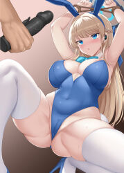 Rule 34 | 1girl, akino hamo, animal ears, armpits, arms up, bare shoulders, blonde hair, blue archive, blue eyes, blue leotard, blush, bound, bow, bowtie, braid, breasts, cameltoe, cleavage, cleft of venus, covered navel, crotch, detached collar, dildo, earpiece, fake animal ears, fake tail, french braid, gluteal fold, halo, high heels, highleg, highleg leotard, highres, large breasts, leotard, long hair, open mouth, playboy bunny, rabbit ears, rabbit tail, restrained, rope, sex toy, solo focus, sweat, tail, thighhighs, thighs, toki (blue archive), toki (bunny) (blue archive), white thighhighs, wrist cuffs