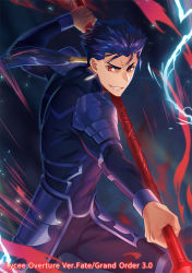 Rule 34 | 1boy, armor, blue hair, copyright name, cu chulainn (fate), cu chulainn (caster) (fate), dark background, earrings, electricity, fate/grand order, fate (series), fighting stance, grin, holding, holding polearm, holding weapon, jewelry, cu chulainn (fate/stay night), looking at viewer, male focus, official art, polearm, ponytail, red eyes, smile, solo, spiked hair, standing, watermark, weapon