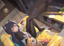 Rule 34 | 1girl, absurdres, animal ear fluff, animal ears, arknights, black capelet, black pantyhose, blonde hair, blue hair, capelet, colored inner hair, computer, couch, dog, feet, feet up, full body, highres, id card, jacket, long hair, looking at viewer, multicolored hair, no shoes, pantyhose, shiba inu, smile, somna, texas (arknights), thighhighs, toes, white jacket, wolf ears, wolf girl