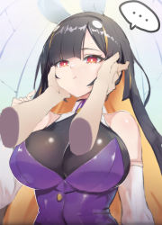 Rule 34 | ..., 1girl, :t, animal ears, baekto (last origin), black hair, blonde hair, blunt bangs, breasts, bright pupils, cleavage, detached sleeves, expressionless, hands on another&#039;s cheeks, hands on another&#039;s face, highres, large breasts, last origin, looking at viewer, multicolored hair, purple shirt, rabbit ears, red eyes, rlrlrlfl1, shirt, sleeveless, sleeveless shirt, solo, spoken ellipsis, two-tone hair, upper body