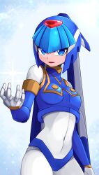 Rule 34 | 1girl, absurdres, android, artist name, blue background, blue eyes, breasts, gloves, gradient background, helmet, highres, fairy leviathan (mega man), looking at viewer, medium breasts, mega man (series), mega man x (series), mega man x dive, mega man zero (series), nanayaryuoo, open mouth, robot, robot girl, signature, smile, solo, sparkle, white background, white gloves