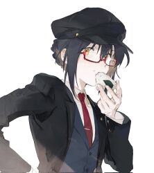 Rule 34 | 1other, androgynous, black hair, black headwear, black jacket, blue vest, braid, braided bun, cabbie hat, eating, fate/grand order, fate/samurai remnant, fate (series), food, food on face, glasses, hair bun, hand on own hip, hat, highres, holding, holding food, jacket, mimulishizi, necktie, official alternate costume, official alternate hairstyle, onigiri, red-framed eyewear, red necktie, rice, rice on face, yamato takeru (fate), sidelocks, simple background, suit jacket, tie clip, vest, white background, yellow eyes