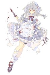 Rule 34 | 1girl, adapted costume, alternate color, apron, blood, blood on clothes, bloody weapon, bobby socks, bow, bowtie, braid, commentary, dress, frilled apron, frilled dress, frills, full body, grey dress, grey hair, highres, holding, holding knife, izayoi sakuya, knife, looking at viewer, maid, maid apron, maid headdress, mary janes, medium hair, nikorashi-ka, plaid, plaid dress, red bow, red eyes, red footwear, shoes, short sleeves, socks, solo, throwing knife, touhou, twin braids, weapon, white background, white bow, white socks