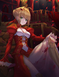 Rule 34 | 1girl, ahoge, armored boots, bj8103, blonde hair, boots, braid, breasts, cleavage, dress, epaulettes, fate/extra, fate/grand order, fate (series), french braid, green eyes, highres, long dress, long sleeves, looking at viewer, medium breasts, nero claudius (fate), nero claudius (fate) (all), nero claudius (fate/extra), petals, red dress, see-through, smile, solo