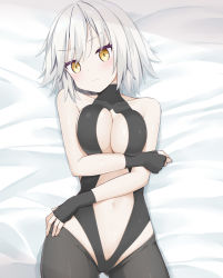Rule 34 | 1girl, bare shoulders, bed sheet, black gloves, black leotard, black thighhighs, blush, breasts, cameltoe, center opening, cleavage, closed mouth, collarbone, colored eyelashes, commentary request, cosplay, cowboy shot, fate/grand order, fate (series), fingerless gloves, from above, gloves, gluteal fold, grey hair, hassan of serenity (fate), hassan of serenity (fate) (cosplay), head tilt, jeanne d&#039;arc (fate), jeanne d&#039;arc alter (avenger) (fate), jeanne d&#039;arc alter (fate), kamu (geeenius), leotard, looking at viewer, lying, medium breasts, navel, on back, revealing clothes, short hair, solo, stomach, thighhighs, v-shaped eyebrows, yellow eyes