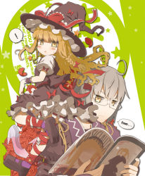 Rule 34 | !, 1boy, 1girl, ahoge, blonde hair, bloomers, blush, blush stickers, bow, braid, bridal gauntlets, choker, collarbone, crescent, frills, glass slipper, glasses, gothic lolita, hair bow, hat, hat bow, kirisame marisa, lolita fashion, long hair, long sleeves, magazine (object), mary janes, morichika rinnosuke, ooide chousuke, open mouth, shoes, short hair, silver hair, skull, touhou, underwear, witch, witch hat, yellow eyes