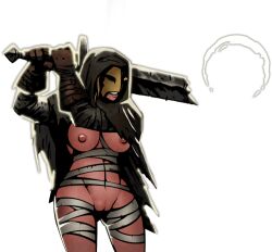 Rule 34 | 1girl, artist request, bandaged arm, bandaged leg, bandages, blonde hair, breasts, broken, broken weapon, cleft of venus, cloak, covered face, cowboy shot, darkest dungeon, functionally nude, gameplay mechanics, genderswap, gloves, holding, holding sword, holding weapon, hood, hooded cloak, leper (darkest dungeon), mask, medium breasts, nipples, no bra, no panties, nude, nude mod, open cloak, open clothes, pussy, solo, standing, sword, teeth, torn clothes, transparent background, uncensored, warrior, weapon