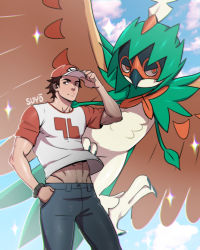 Rule 34 | 1boy, abs, absurdres, baseball cap, brown hair, closed mouth, cloud, commentary, creatures (company), day, decidueye, frown, game freak, gen 7 pokemon, hand in pocket, hand on headwear, hand up, hat, highres, looking to the side, male focus, nintendo, orange headwear, outdoors, pants, pokemon, pokemon (creature), pokemon sm, red (pokemon), shiny skin, shirt, short hair, short sleeves, signature, sky, sparkle, spiked hair, split mouth, suyohara, t-shirt, wind, wind lift