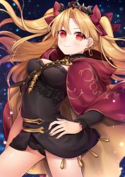 Rule 34 | &gt;:), 1girl, arm at side, bad id, bad pixiv id, between breasts, black leotard, blonde hair, breasts, cape, closed mouth, cowboy shot, earrings, ereshkigal (fate), fate/grand order, fate (series), glint, hair ribbon, hand on own hip, jewelry, karokuchitose, legs apart, leotard, light particles, long hair, long sleeves, looking at viewer, medium breasts, parted bangs, red cape, red eyes, red ribbon, ribbon, smile, solo, sparkle, standing, tareme, thighs, tiara, tohsaka rin, two side up, v-shaped eyebrows, very long hair